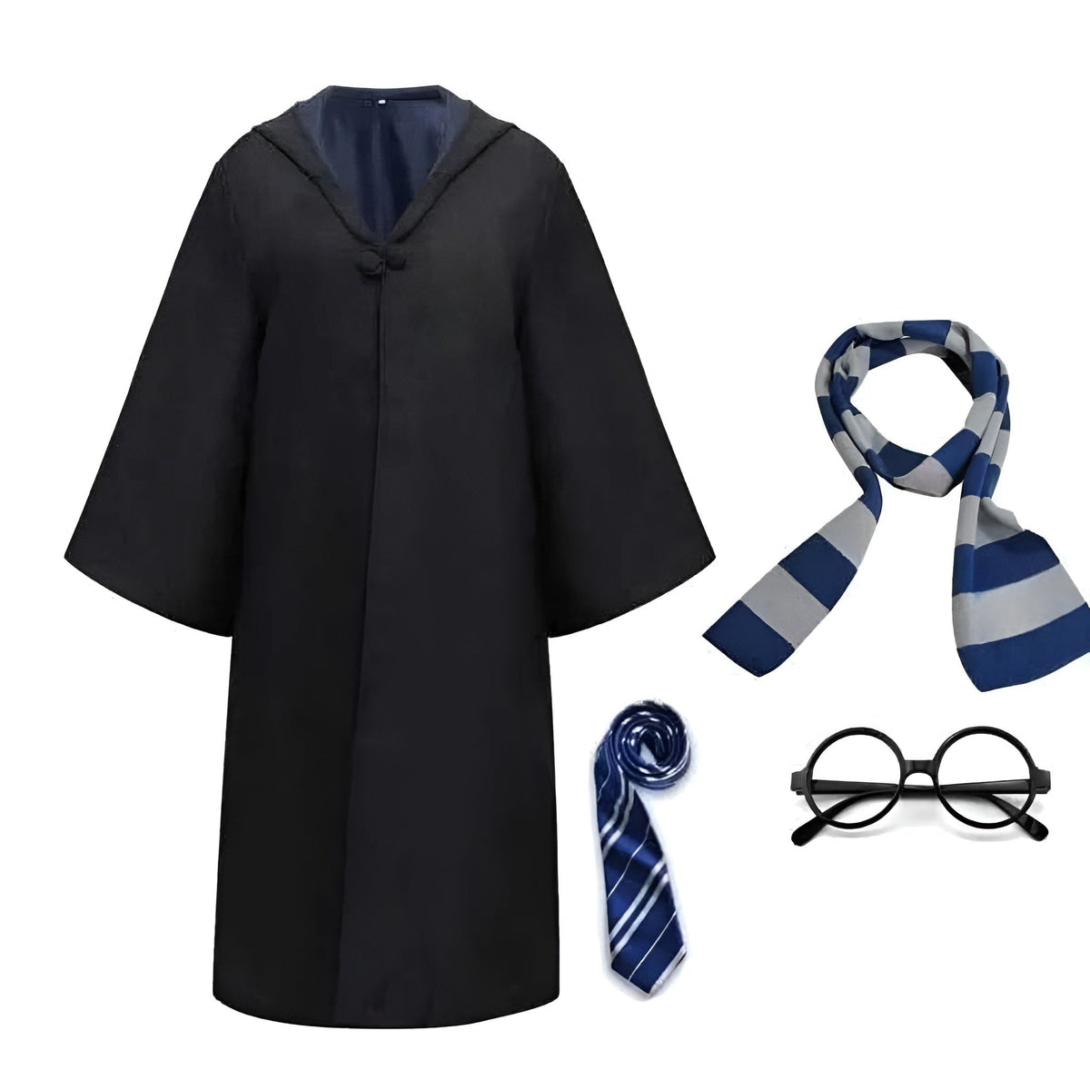 Halloween Wizard Costume Robe Set with Striped Scarf Tie and Glasses for Party and Cosplay