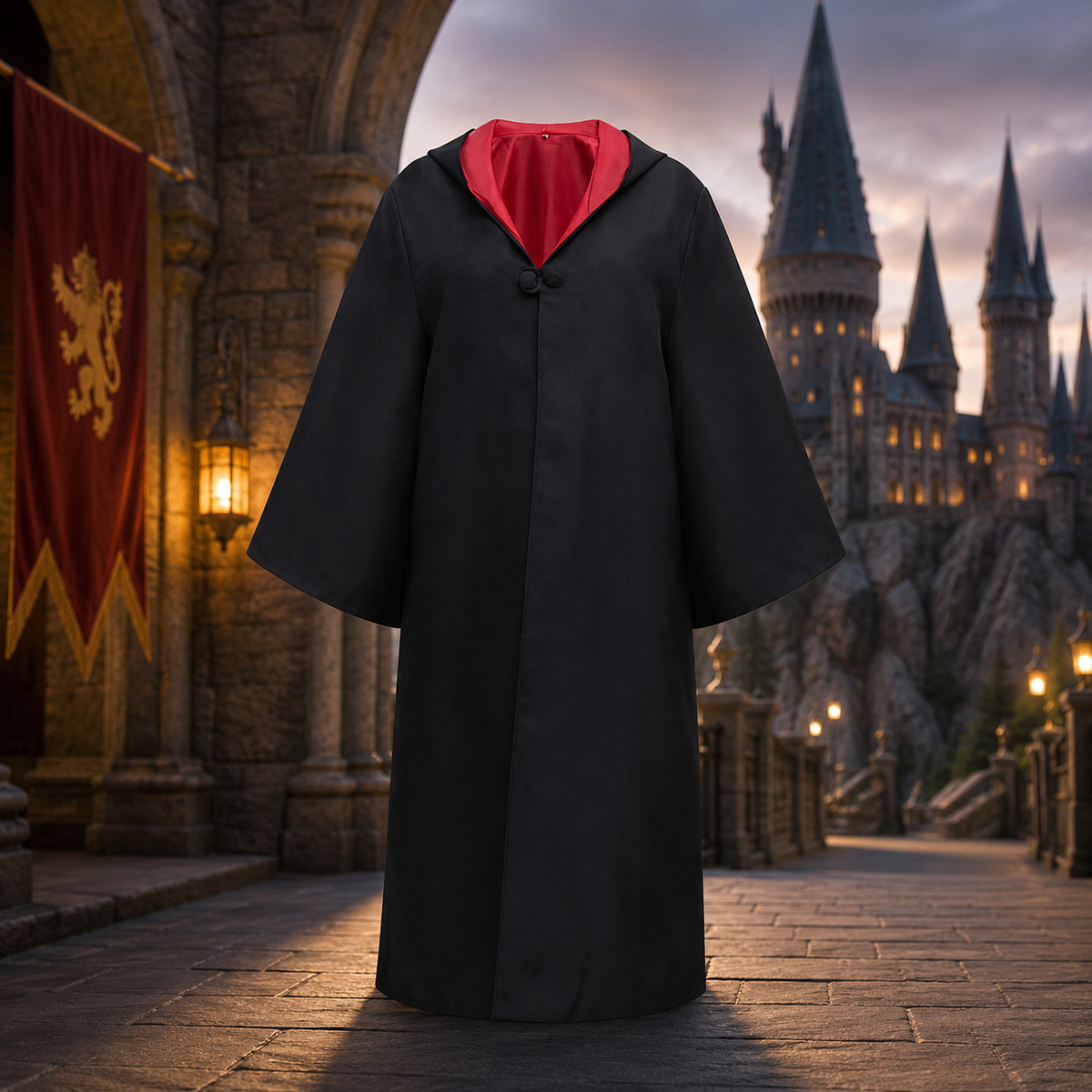 Halloween Wizard Robe Costume with Hood Bell Sleeves and Striped Scarf Accessory Set