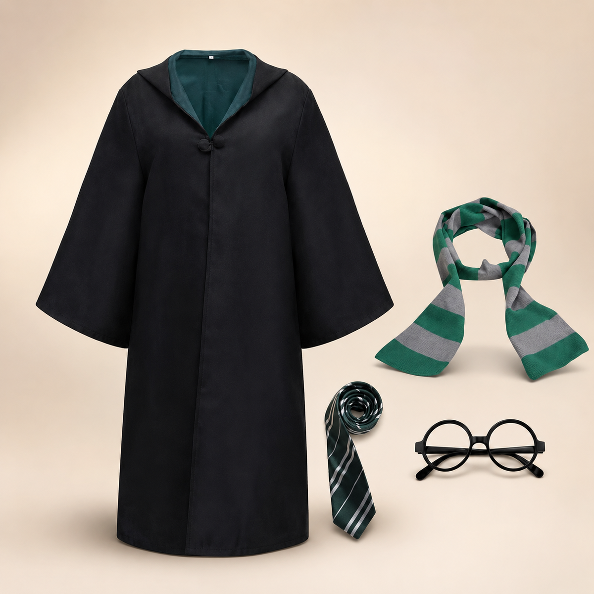 Halloween Wizard Robe Costume with Hood Bell Sleeves and Striped Scarf Accessory Set