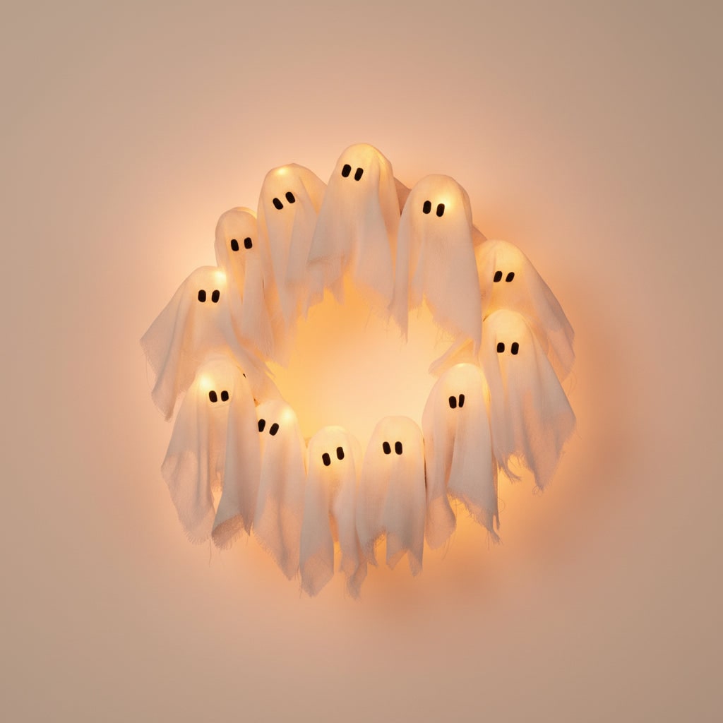Halloween Wreath Door Decoration with LED Ghost Lights and Gauze Fabric for Front Party Decor