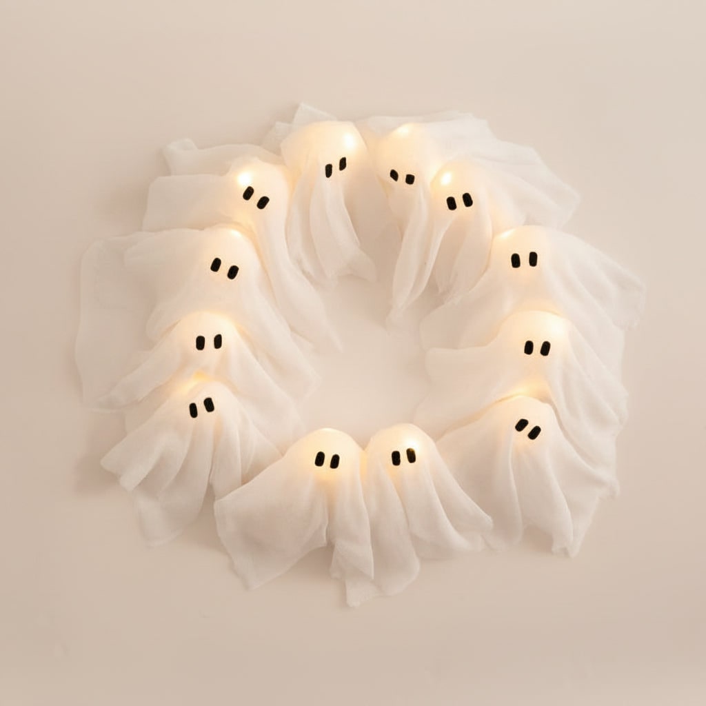 Halloween Wreath Door Decoration with LED Ghost Lights and Gauze Fabric for Front Party Decor