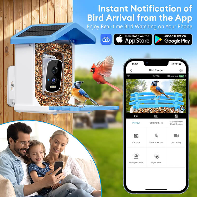 Smart AI Bird Feeder with HD Camera & Night Vision – Solar Powered, Real-Time App Alerts, Squirrel-Proof, 11000+ Species Recognition