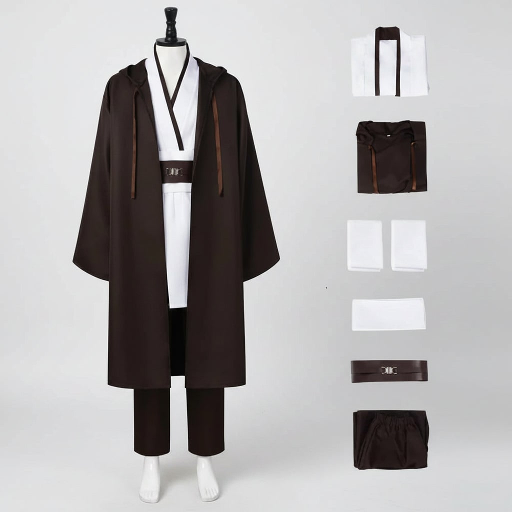 Halloween Jedi Costume Cosplay Outfit with Hooded Robe Tunic Sash and Belt for Party