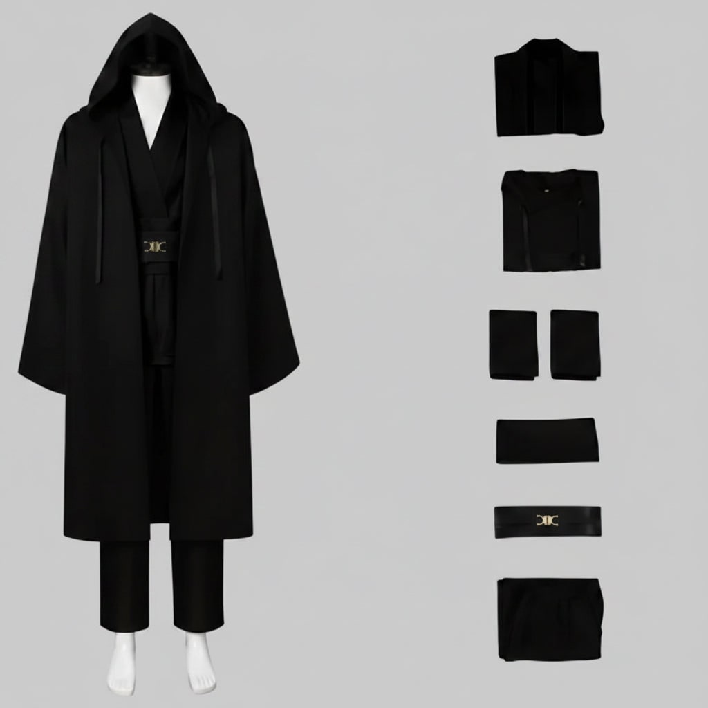 Halloween Jedi Costume Cosplay Outfit with Hooded Robe Tunic Sash and Belt for Party