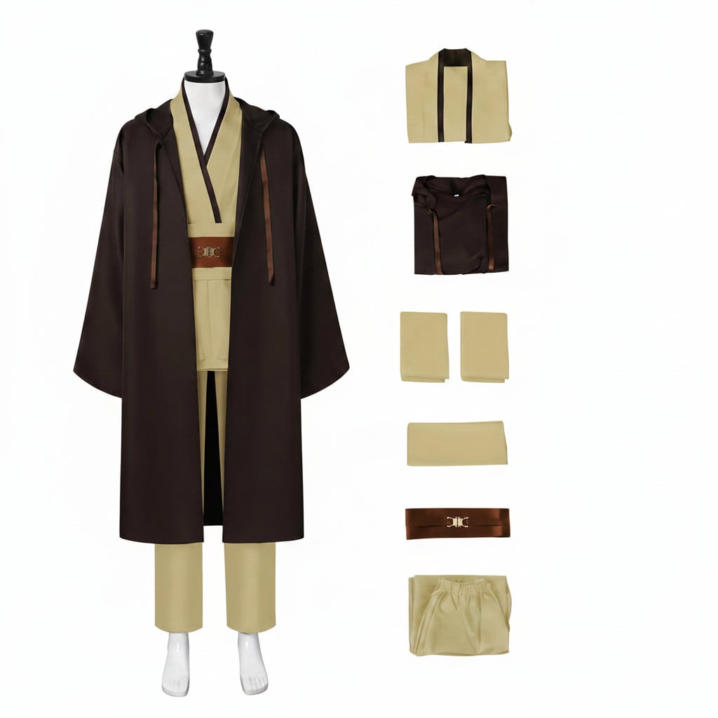 Halloween Jedi Costume Cosplay Outfit with Hooded Robe Tunic Sash and Belt for Party