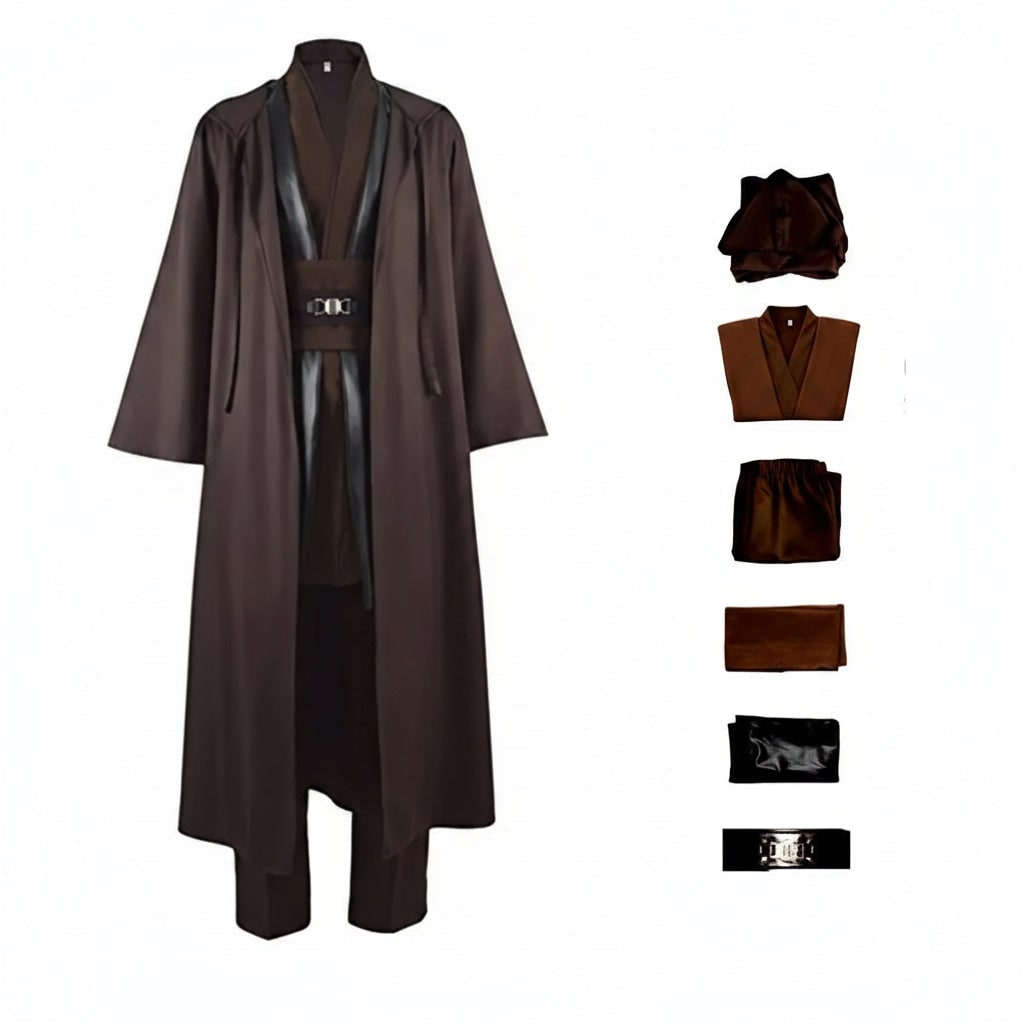 Halloween Jedi Costume Cosplay Outfit with Hooded Robe Tunic Sash and Belt for Party