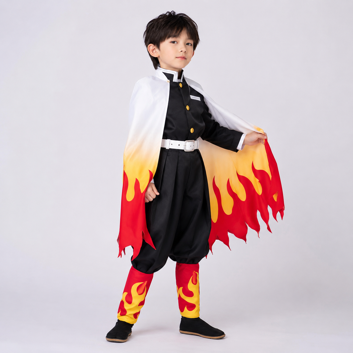 Kids' Halloween Anime Cosplay Costume and Outfits with Flame Pattern Cape Jacket and Leg Wraps