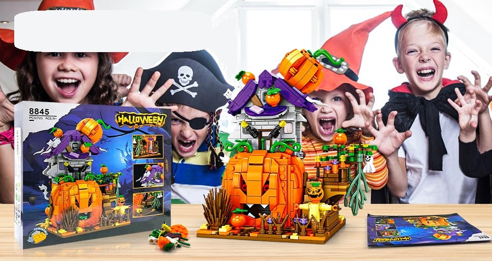 Kids' Halloween Building Blocks Magnetic Tiles Toy Set with Pumpkin House and Spooky Figures