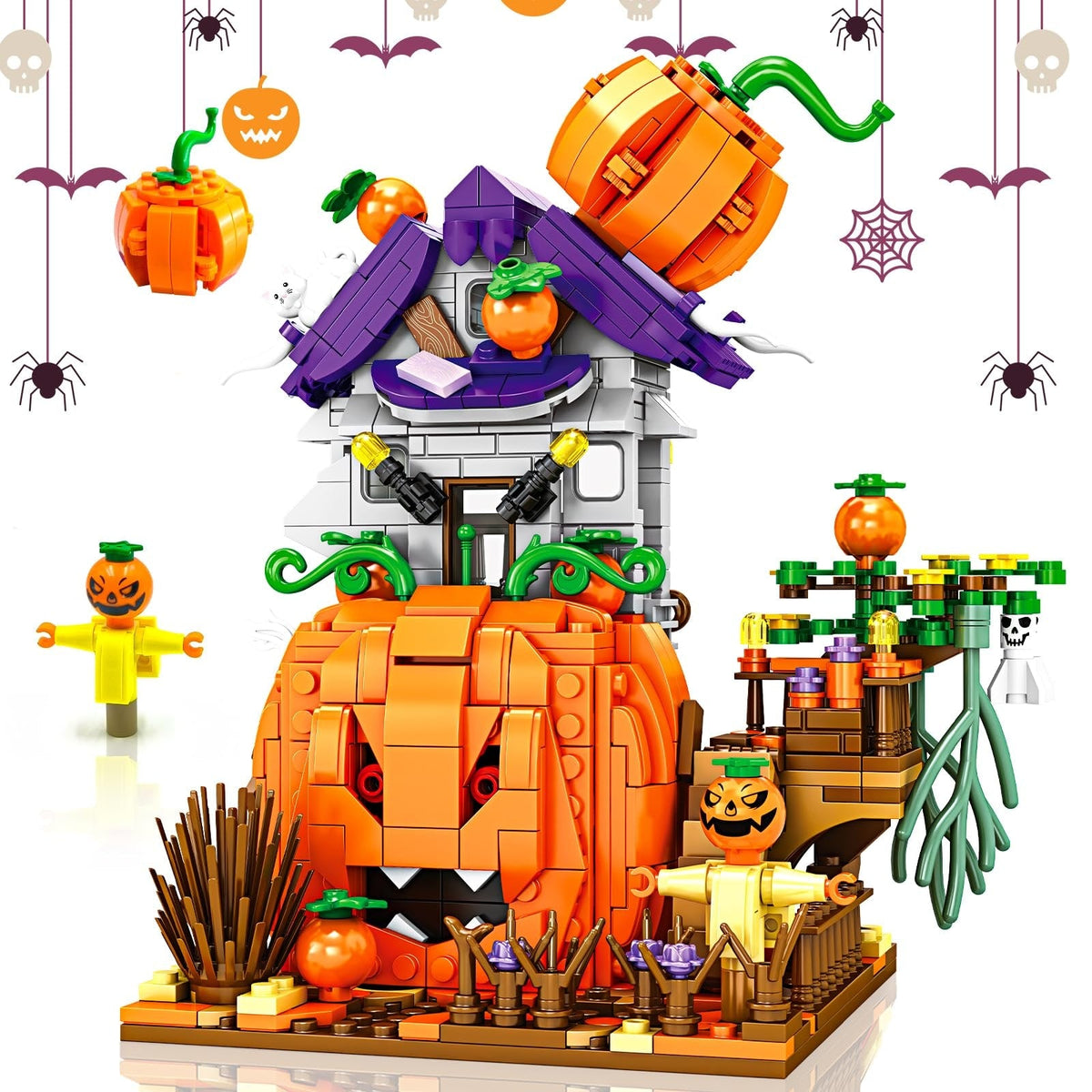 Kids' Halloween Building Blocks Magnetic Tiles Toy Set with Pumpkin House and Spooky Figures