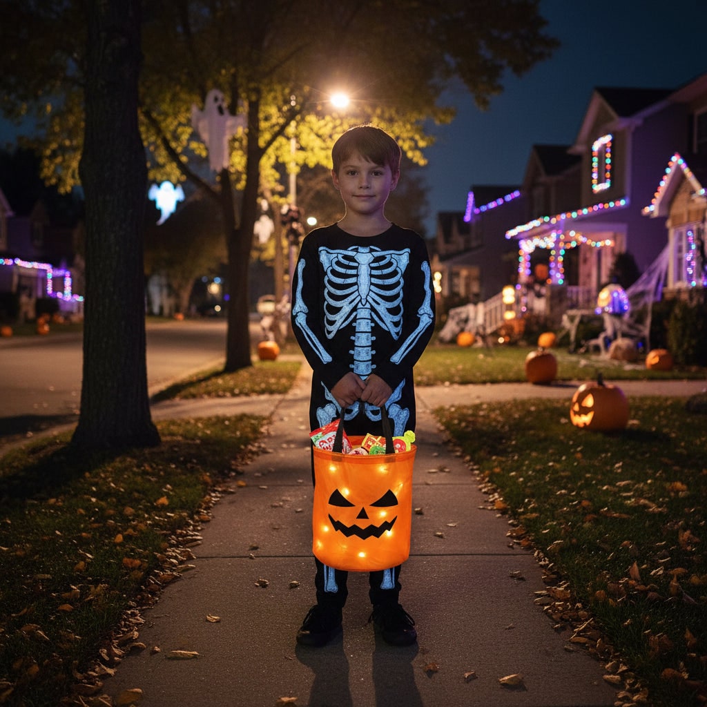 Kids' Halloween Candy Bag and Trick or Treat Reusable with LED Pumpkin Lights and Handles for Party Favor