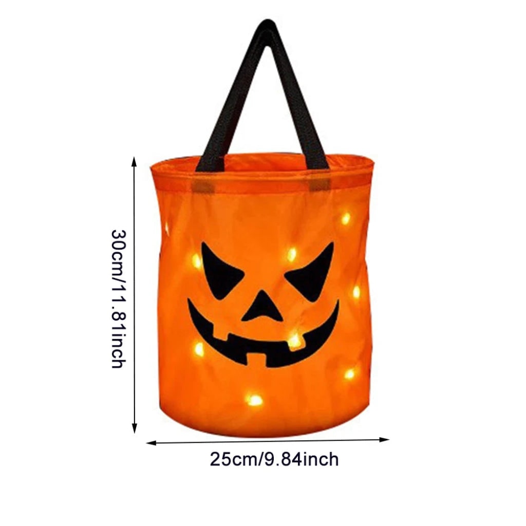 Kids' Halloween Candy Bag and Trick or Treat Reusable with LED Pumpkin Lights and Handles for Party Favor