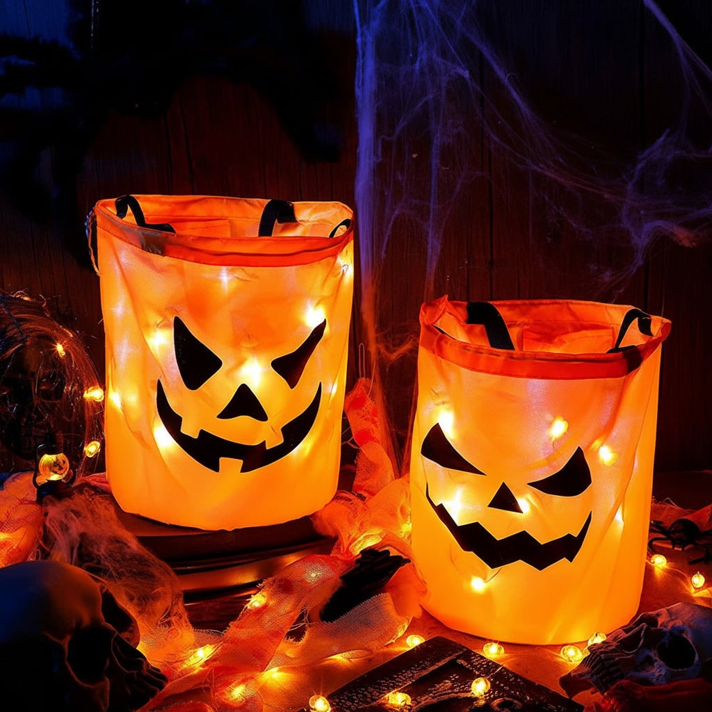 Kids' Halloween Candy Bag Bucket for Trick or Treat with LED Light Up Pumpkin Design