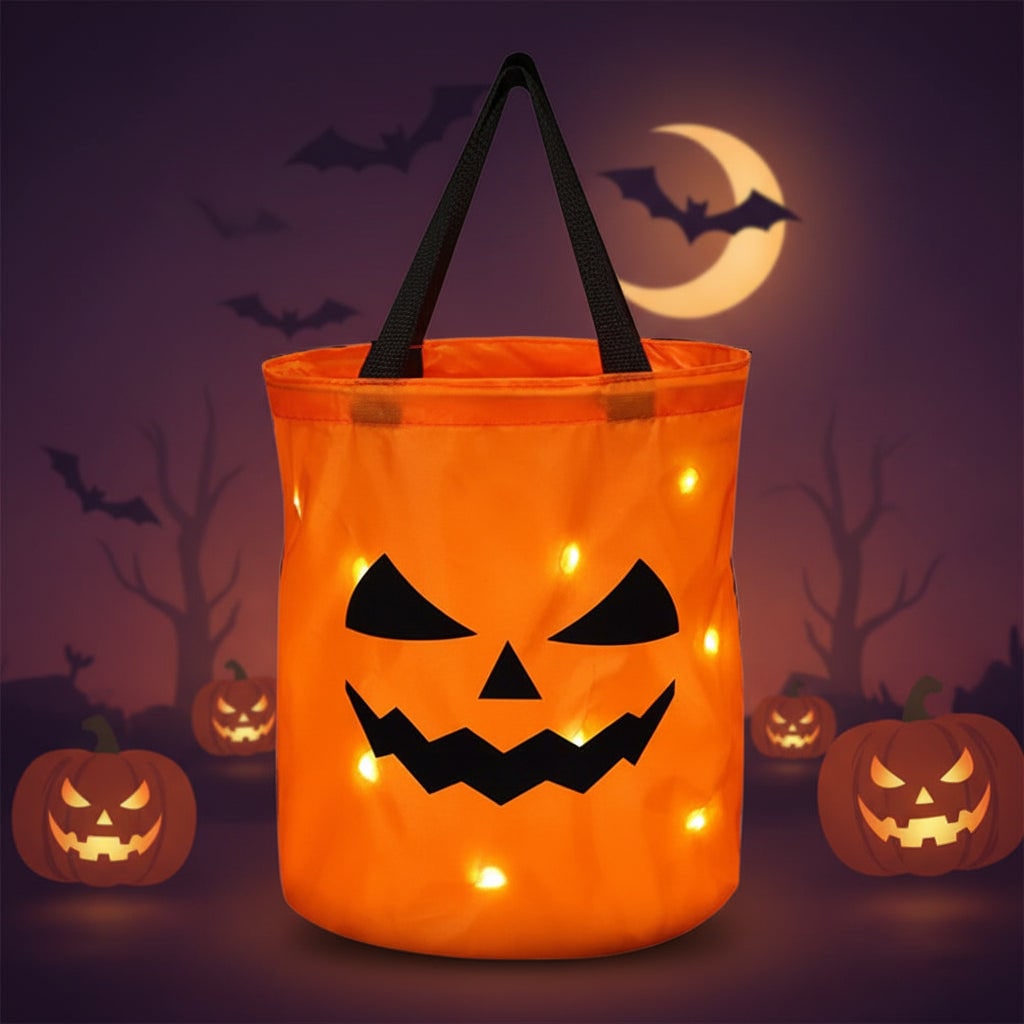 Kids' Halloween Candy Bag Bucket for Trick or Treat with LED Light Up Pumpkin Design