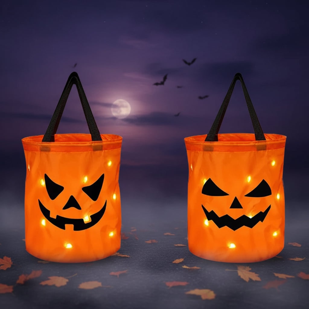 Kids' Halloween Candy Bag Bucket for Trick or Treat with LED Light Up Pumpkin Design