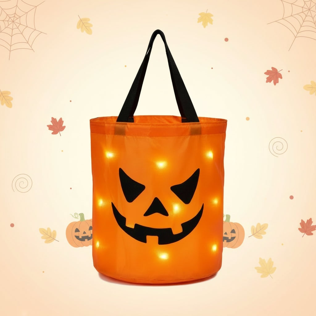 Kids' Halloween Candy Bag Bucket for Trick or Treat with LED Light Up Pumpkin Design