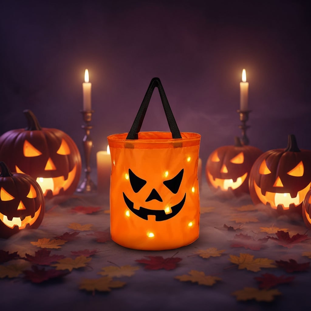 Kids' Halloween Candy Bag Bucket for Trick or Treat with LED Light Up Pumpkin Design