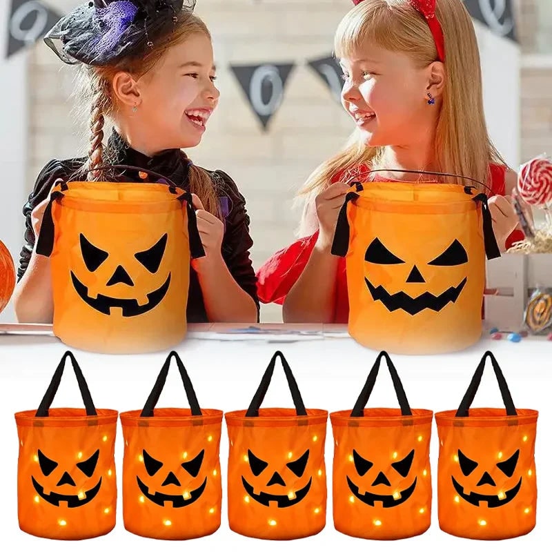 Kids' Halloween Candy Bucket and Bag with LED Light-Up Jack-O'-Lantern Pumpkin Pail for Trick or Treat