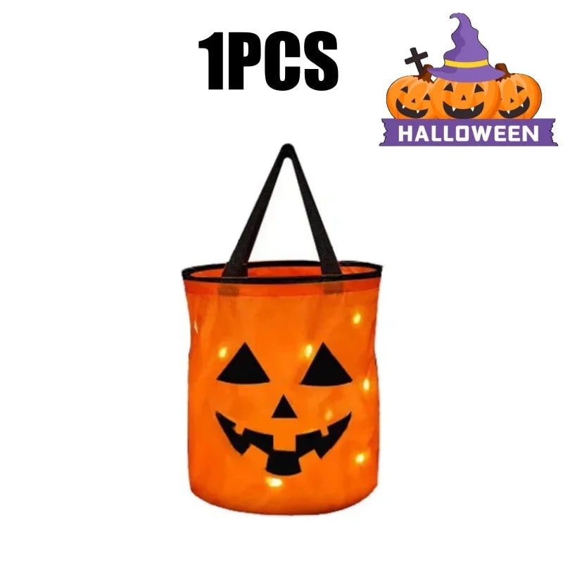 Kids' Halloween Candy Bucket and Bag with LED Light-Up Jack-O'-Lantern Pumpkin Pail for Trick or Treat