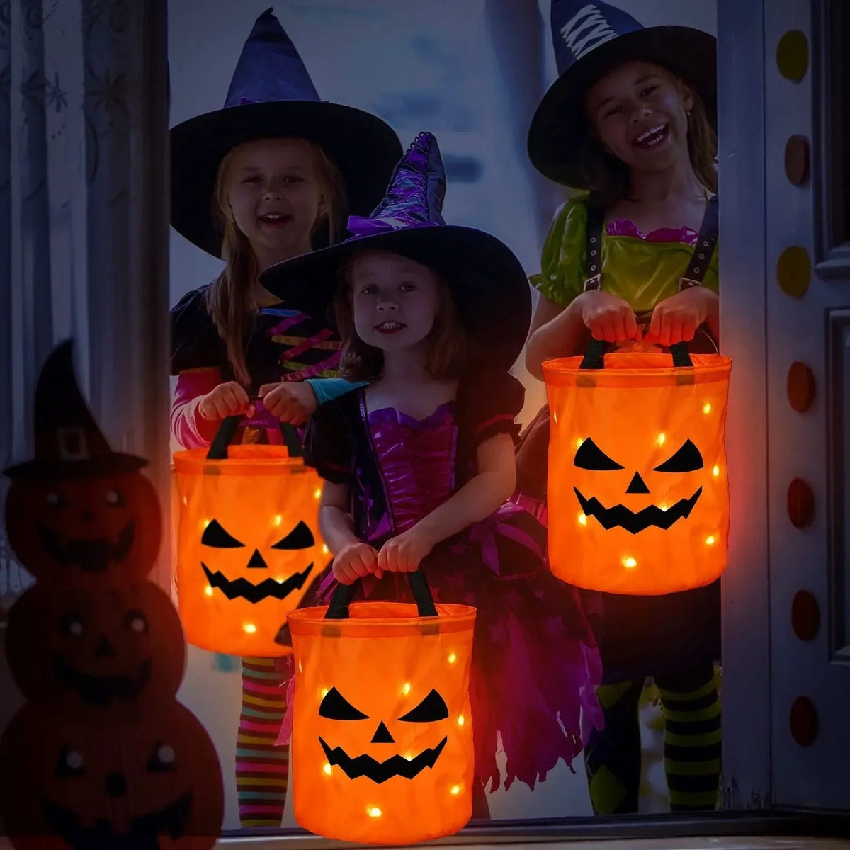 Kids' Halloween Candy Bucket and Bag with LED Light-Up Jack-O'-Lantern Pumpkin Pail for Trick or Treat