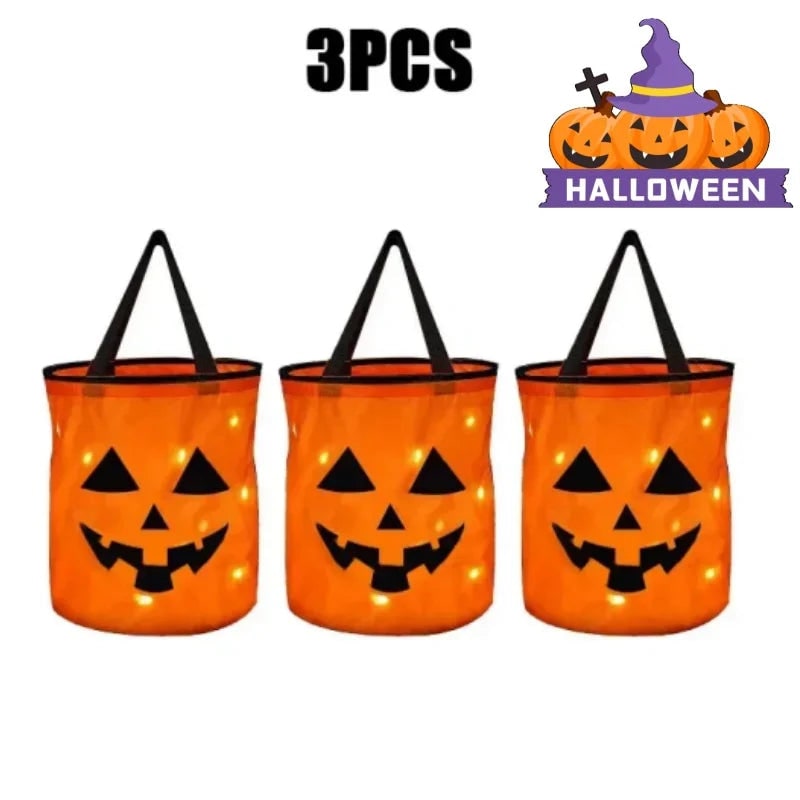 Kids' Halloween Candy Bucket and Bag with LED Light-Up Jack-O'-Lantern Pumpkin Pail for Trick or Treat