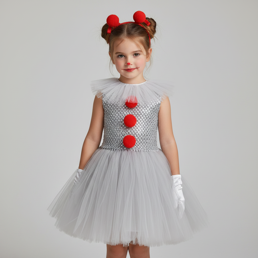 Kids' Halloween Clown Costume Outfit Female with Tutu Dress Hair Clips Gloves and Collar for Party