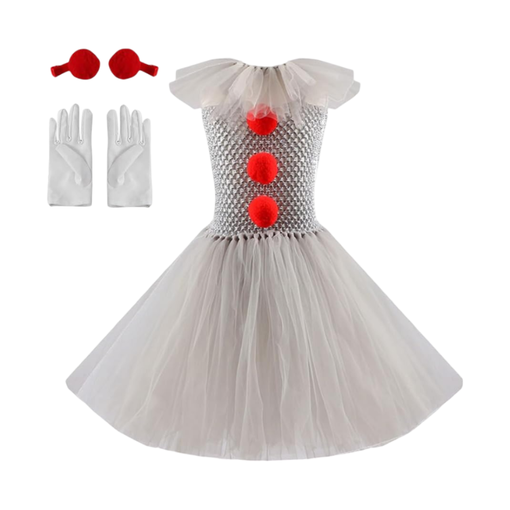 Kids' Halloween Clown Costume Outfit Female with Tutu Dress Hair Clips Gloves and Collar for Party