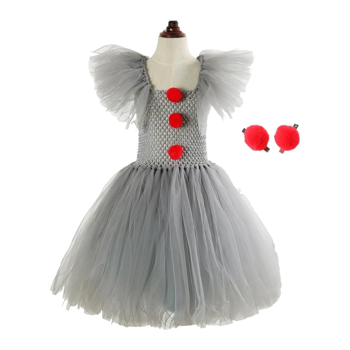 Kids' Halloween Clown Costume Outfit Female with Tutu Dress Hair Clips Gloves and Collar for Party