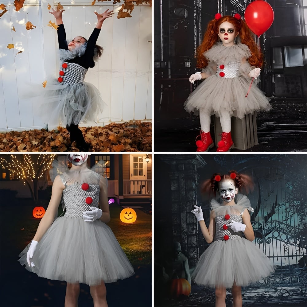 Kids' Halloween Clown Costume Outfit Female with Tutu Dress Hair Clips Gloves and Collar for Party