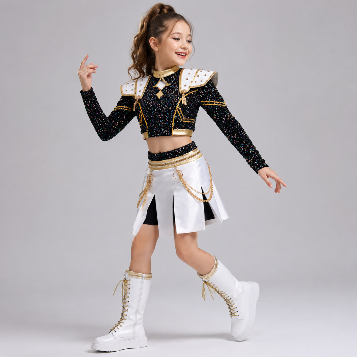 Kids' Halloween Cosplay Costume with Wig Sequined Crop Top Pleated Skirt and Studded Shoulder Armor
