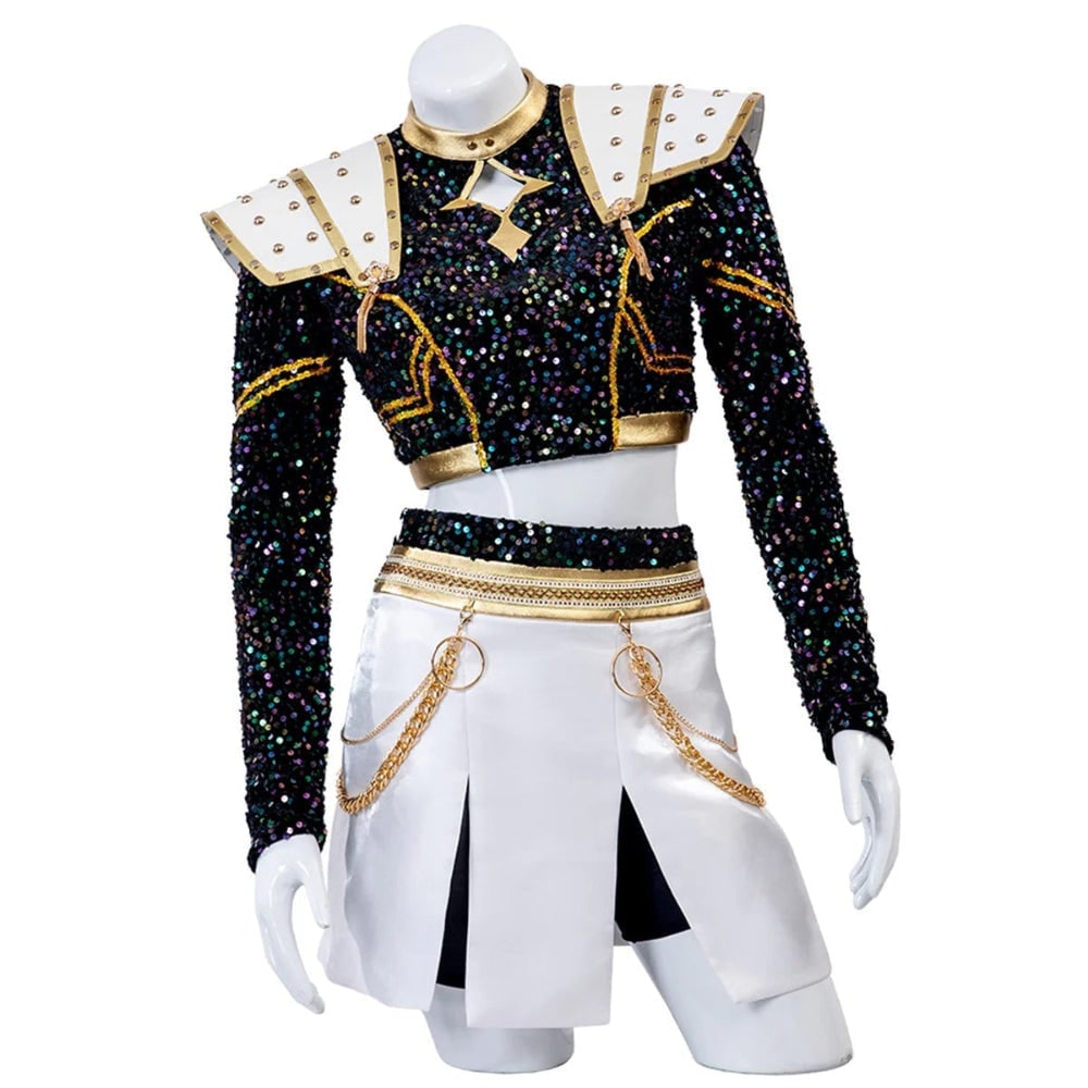 Kids' Halloween Cosplay Costume with Wig Sequined Crop Top Pleated Skirt and Studded Shoulder Armor