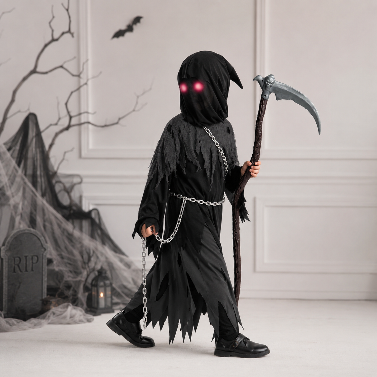 Kids' Halloween Costume Grim Reaper Hooded Robe Set with Glowing Eyes and Toy Scythe