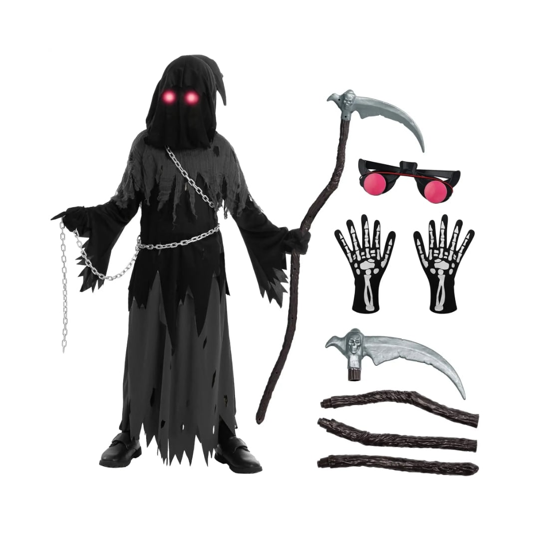 Kids' Halloween Costume Grim Reaper Hooded Robe Set with Glowing Eyes and Toy Scythe