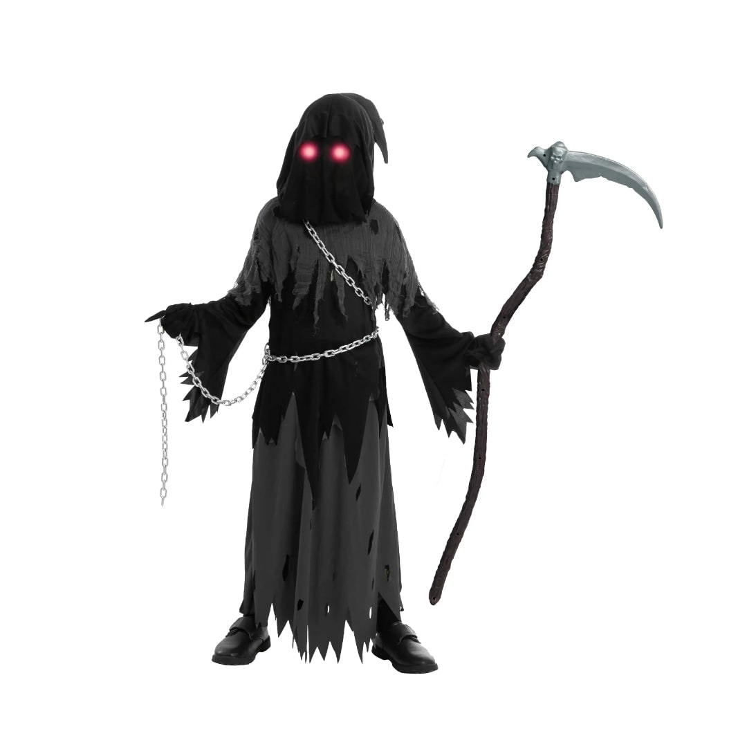 Kids' Halloween Costume Grim Reaper Hooded Robe Set with Glowing Eyes and Toy Scythe