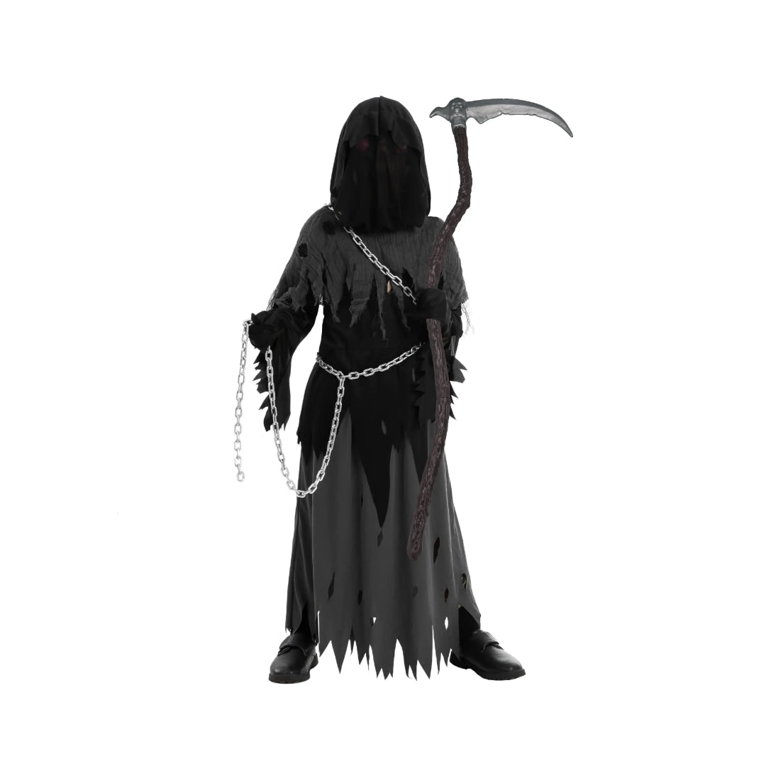 Kids' Halloween Costume Grim Reaper Hooded Robe Set with Glowing Eyes and Toy Scythe