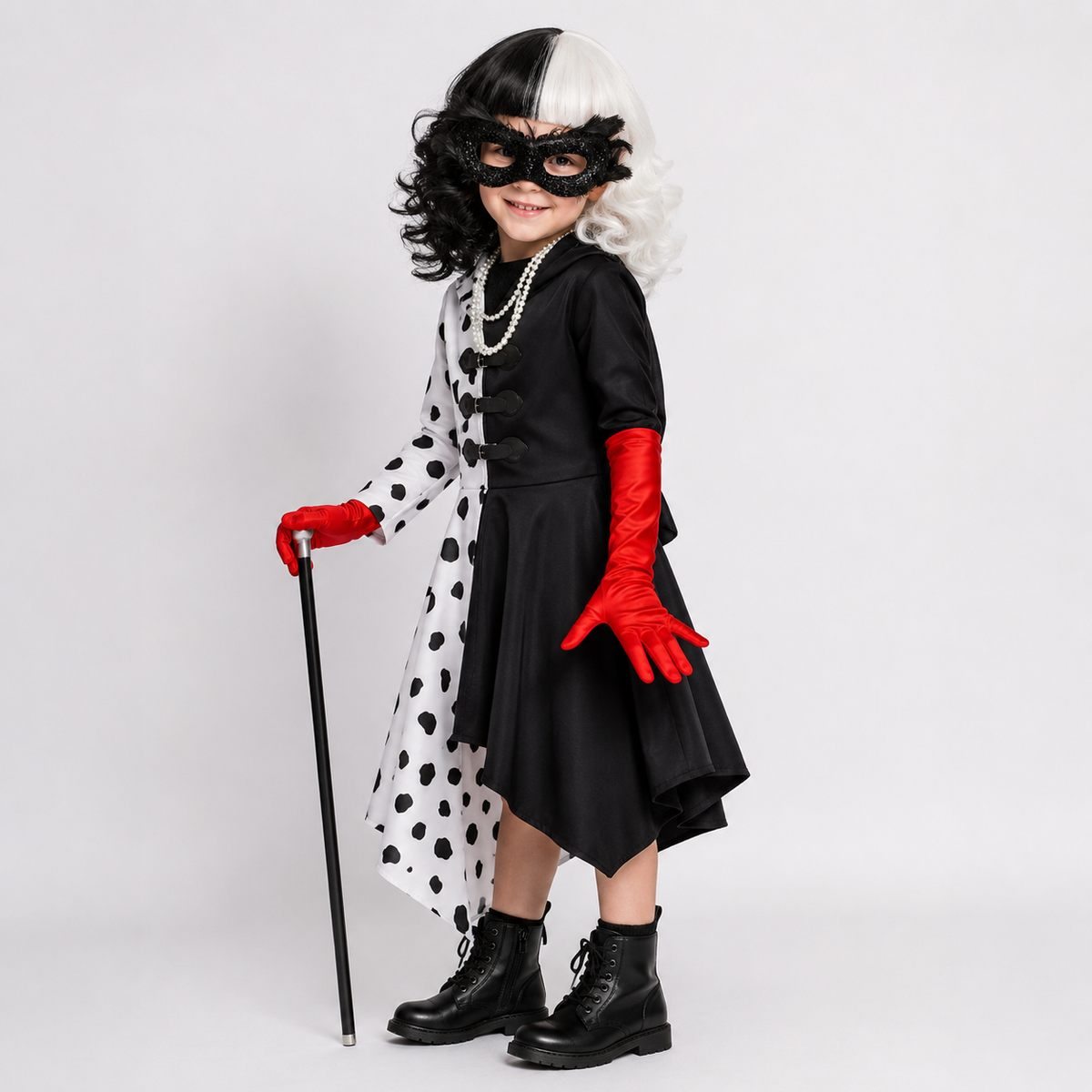 Kids' Halloween Cruella Costume Dress with Dalmatian Spots and Attached Hood for Character Cosplay Party