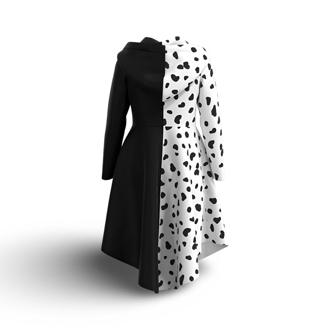Kids' Halloween Cruella Costume Dress with Dalmatian Spots and Attached Hood for Character Cosplay Party