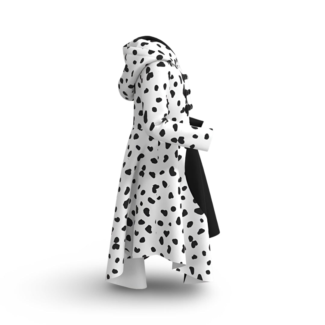 Kids' Halloween Cruella Costume Dress with Dalmatian Spots and Attached Hood for Character Cosplay Party