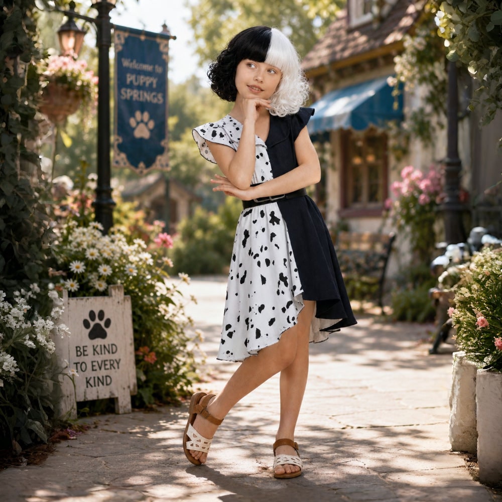 Kids' Halloween Cruella De Vil Costume with Dalmatian Cape and Wig for Children
