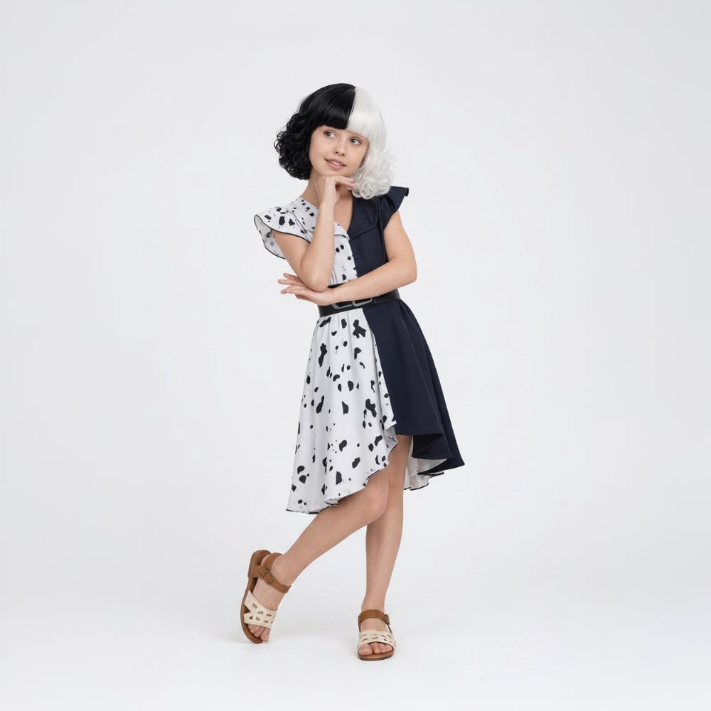 Kids' Halloween Cruella De Vil Costume with Dalmatian Cape and Wig for Children