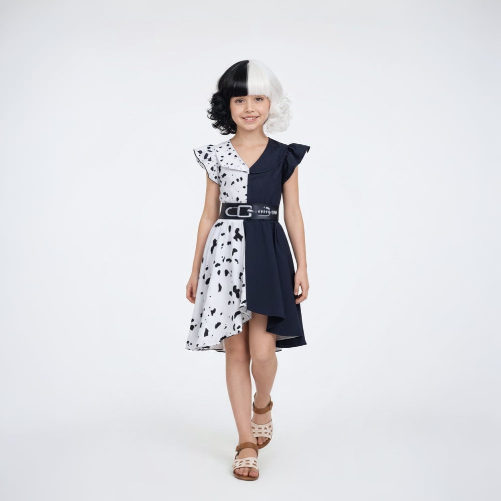 Kids' Halloween Cruella De Vil Costume with Dalmatian Cape and Wig for Children