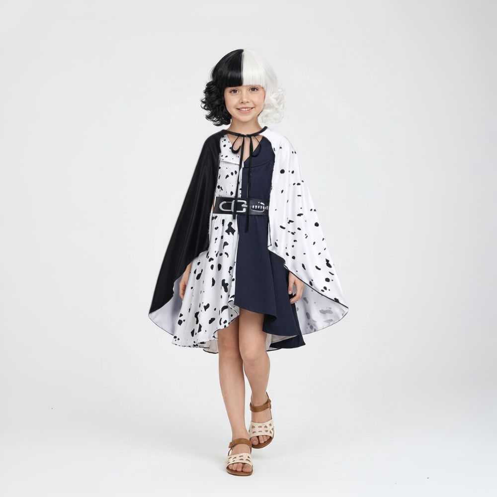 Kids' Halloween Cruella De Vil Costume with Dalmatian Cape and Wig for Children