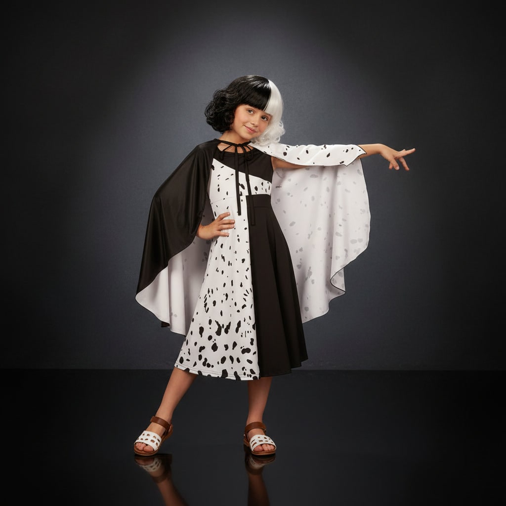 Kids' Halloween Cruella De Vil Costume with Split Black and White Dress Cape