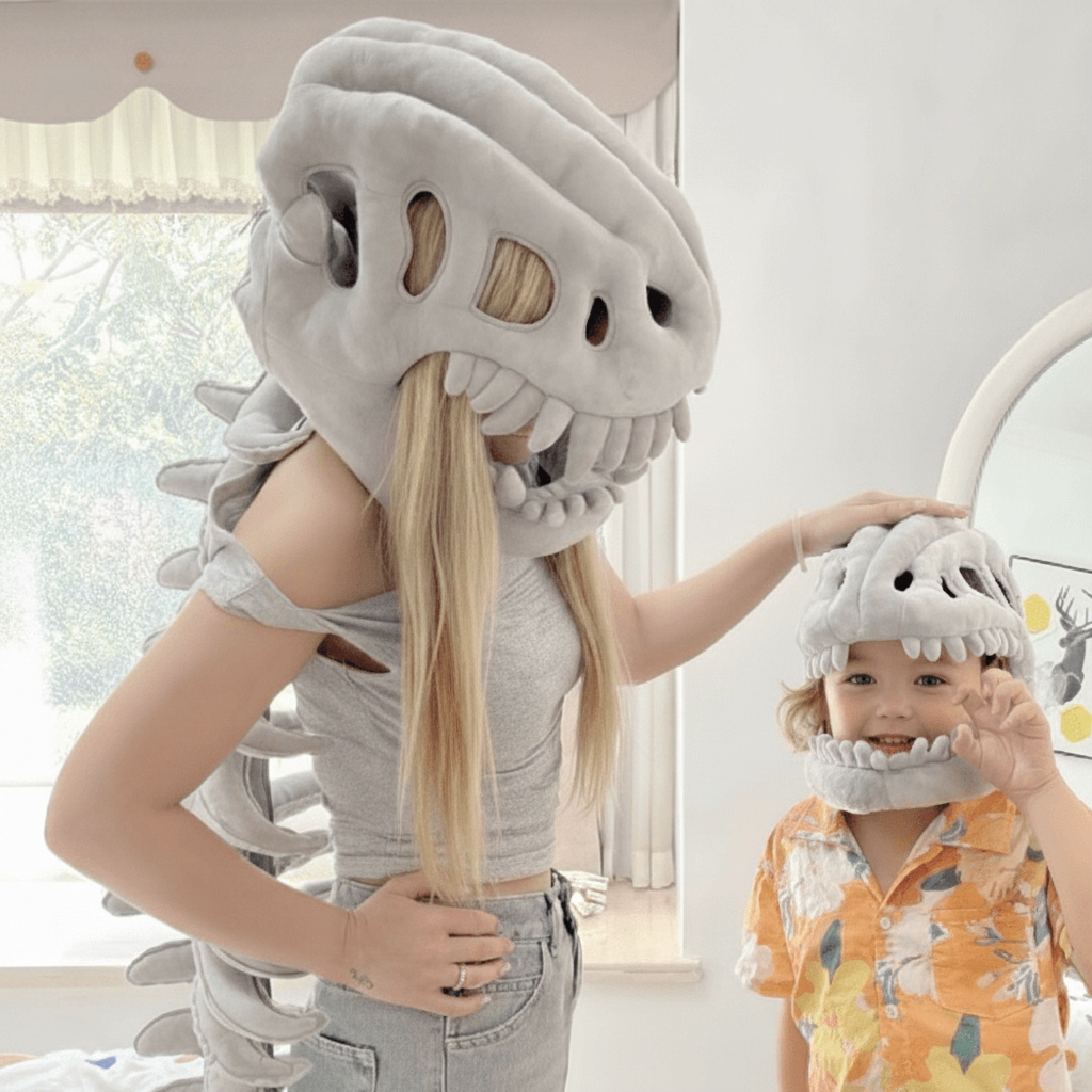 Kids' Halloween Dinosaur Costume Skull Cap Beanie with Plush Skeleton Spine Tail and 3D Bone Details