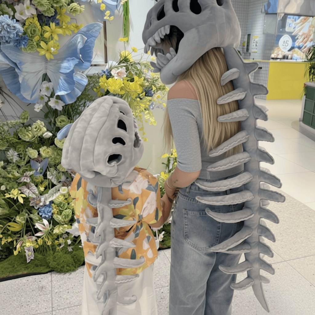 Kids' Halloween Dinosaur Costume Skull Cap Beanie with Plush Skeleton Spine Tail and 3D Bone Details