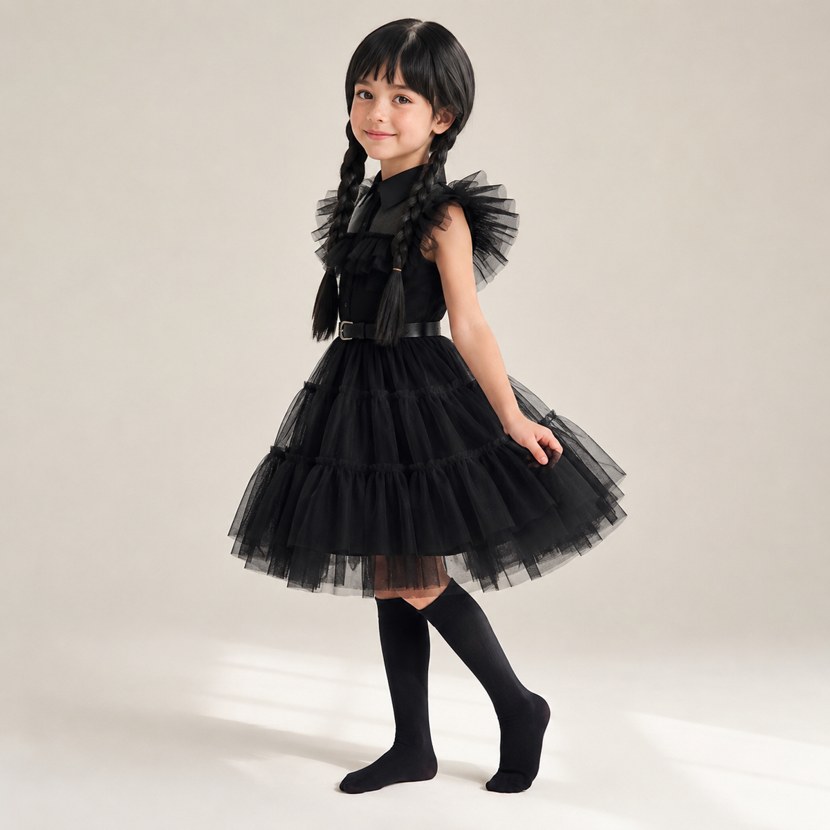 Kids' Halloween gothic schoolgirl Family Costume Dress with Tiered Tulle Skirt and Lace Mask