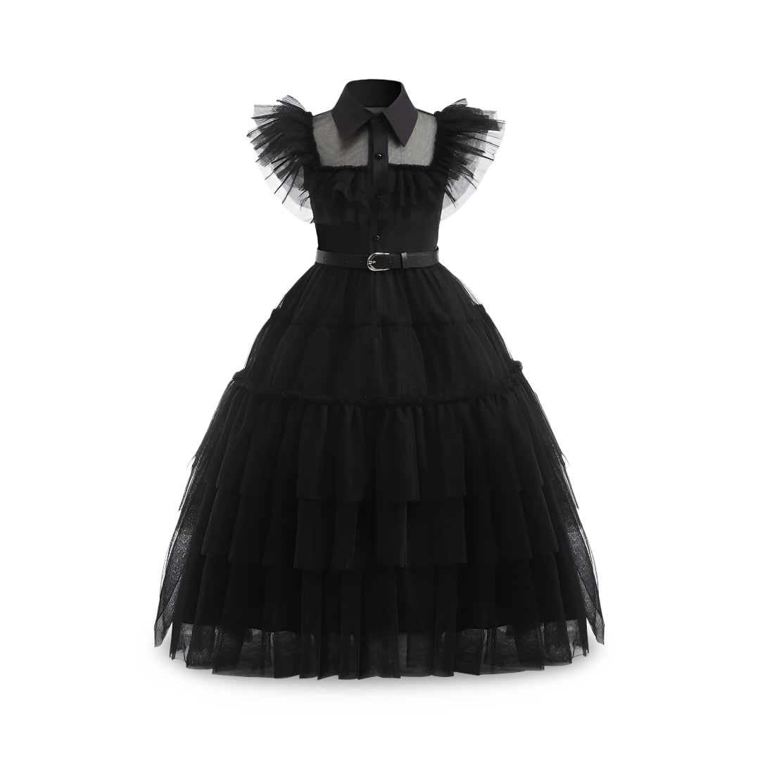Kids' Halloween gothic schoolgirl Family Costume Dress with Tiered Tulle Skirt and Lace Mask
