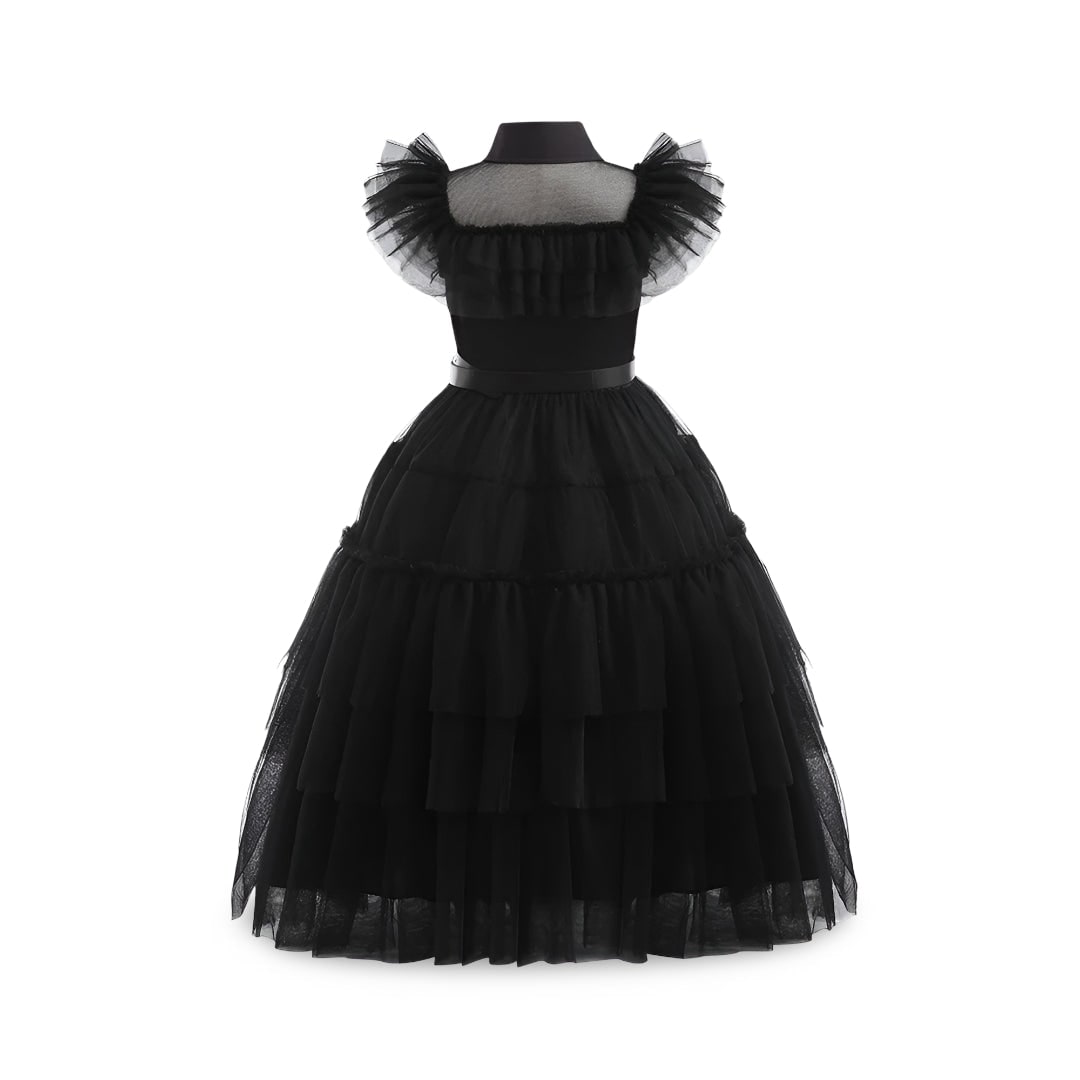 Kids' Halloween gothic schoolgirl Family Costume Dress with Tiered Tulle Skirt and Lace Mask