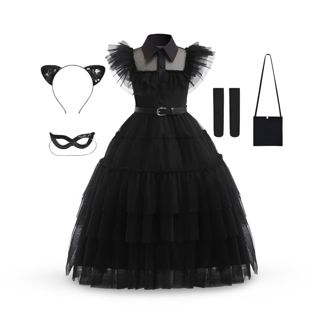 Kids' Halloween gothic schoolgirl Family Costume Dress with Tiered Tulle Skirt and Lace Mask