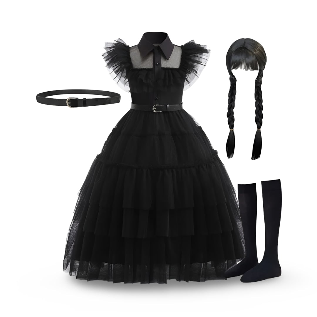 Kids' Halloween gothic schoolgirl Family Costume Dress with Tiered Tulle Skirt and Lace Mask