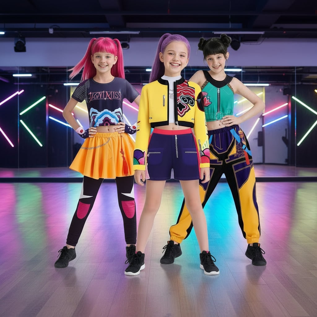 Kids' Halloween Hip Hop Dance Costume with Cropped Jacket Graphic Top and Flared Skirt